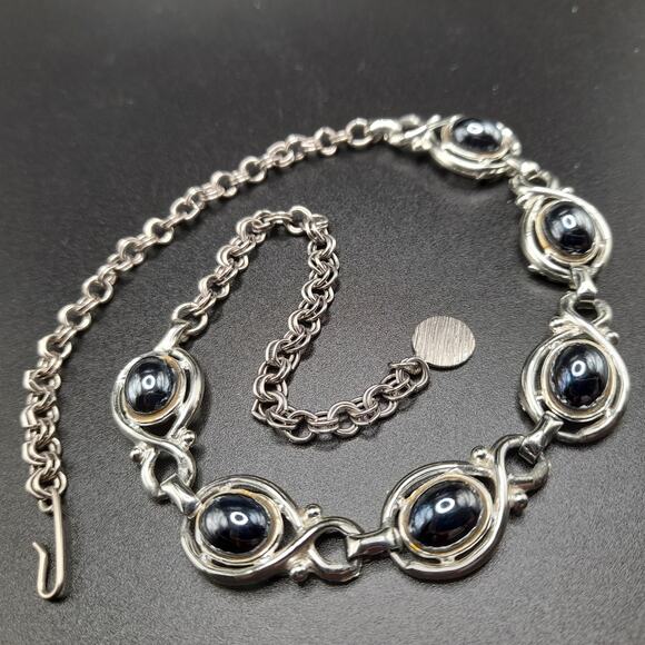 Vintage 1960s Faux Hematite Cabochon Necklace, 15 1/2", Silver Tone - Picture 10 of 10